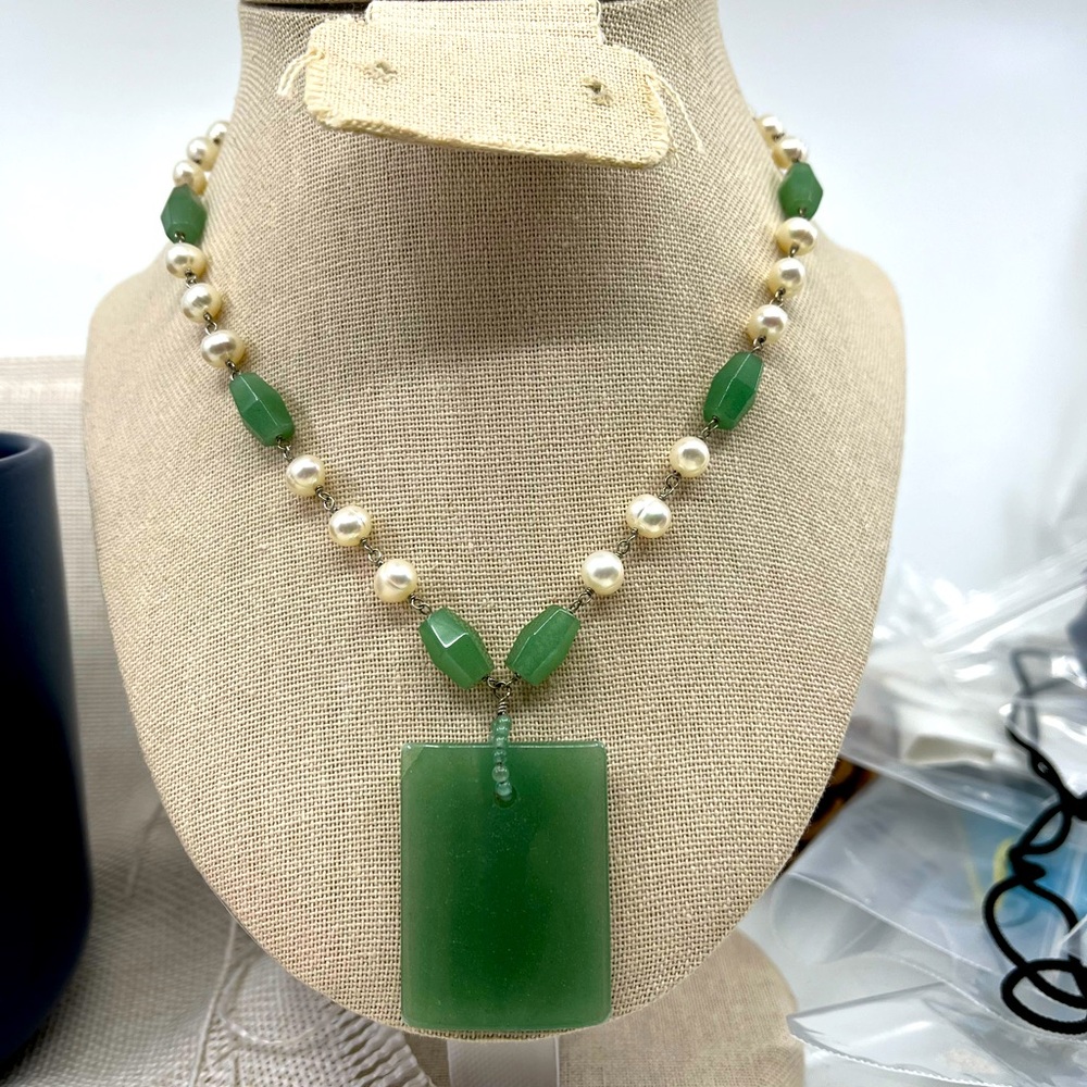 Vintage Green Jade Nephrite & Pearl Sterling Silver Necklace 925 Estate 16"